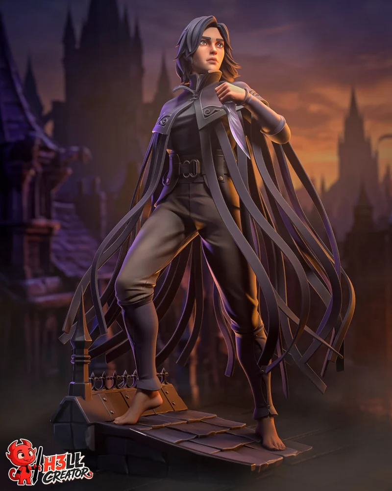 Full-body Vin Mistborn character statue with a dark coat and flowing strips