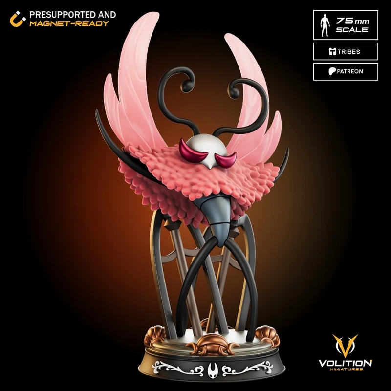 Stylized Hollow Knight insectoid statue with pink wings on an ornate pedestal