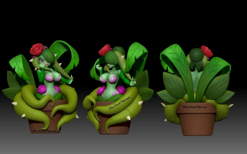 Green Water Lily Siren fantasy figure with vines, flowers, leaves, and a flowerpot base