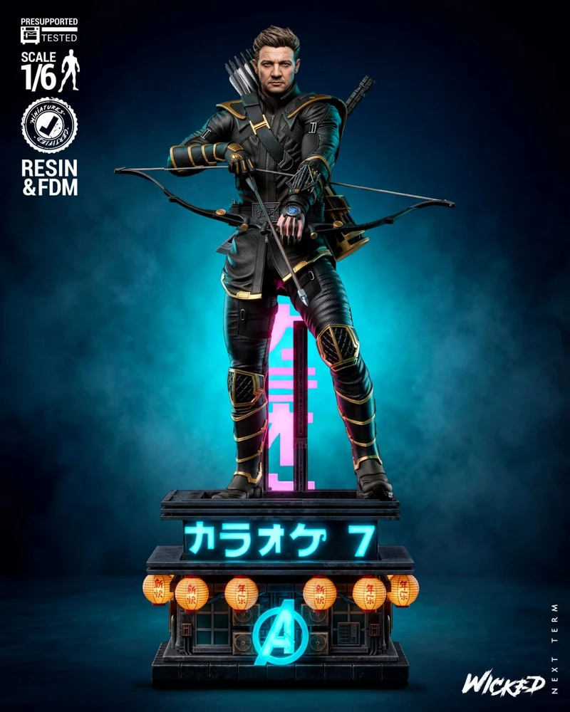 Clint Barton Ronin statue with bow on a neon Marvel display base