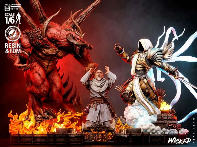 Diablo II diorama with a horned demon, armored warrior, robed figure, and flames