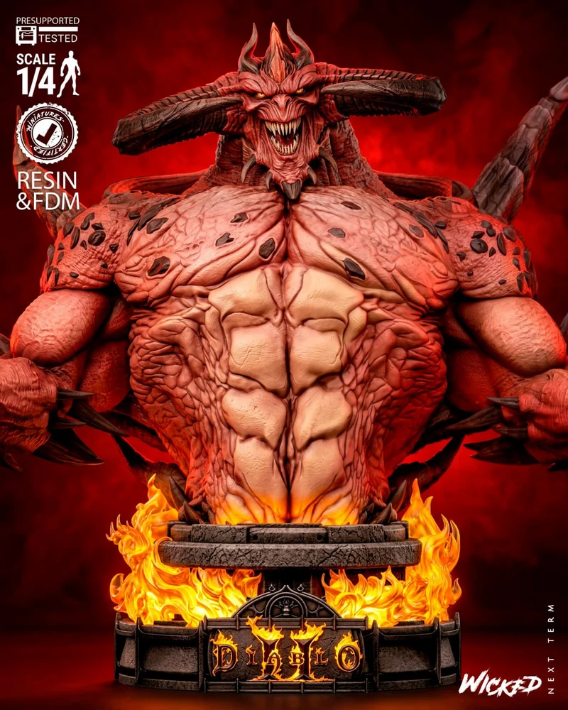 Diablo horned demon bust with flames on a decorative pedestal
