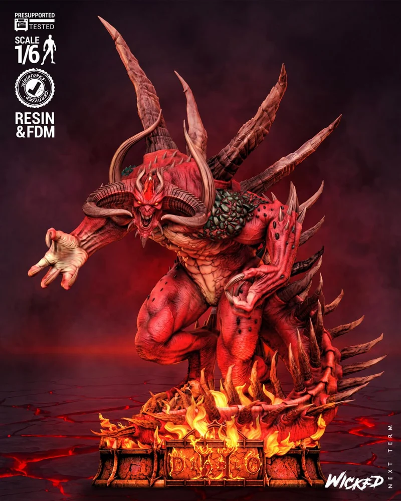 Diablo horned demon sculpture with flames on an ornate display pedestal