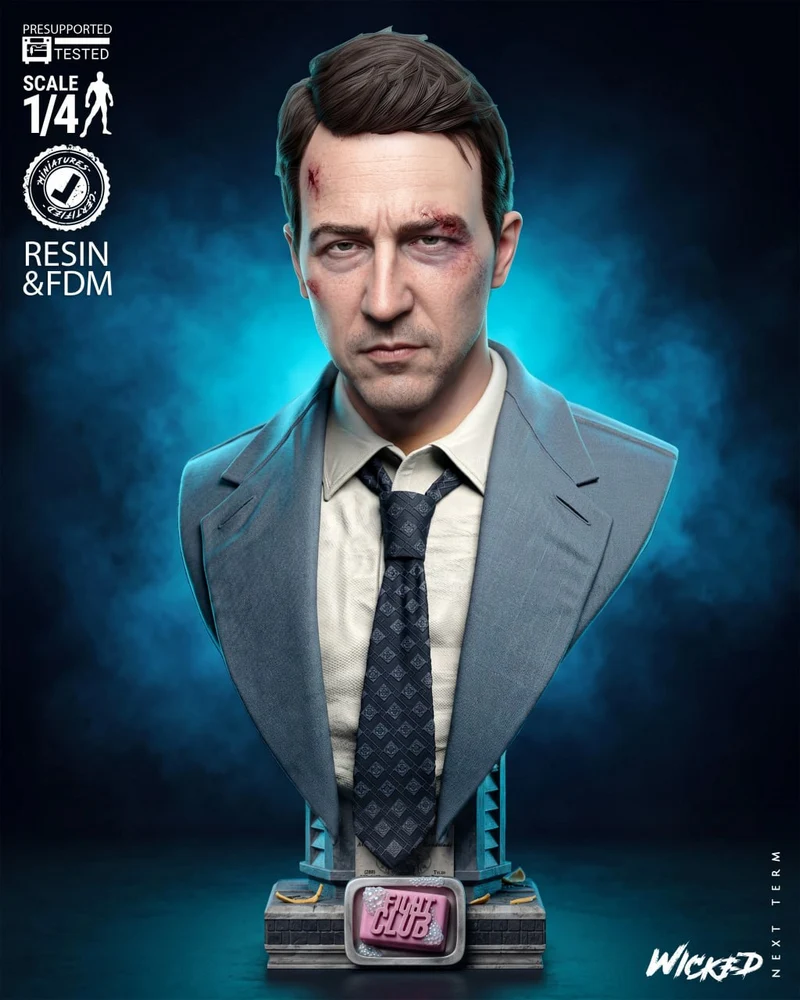 Edward Norton Fight Club portrait bust in a suit with bruised face and display base