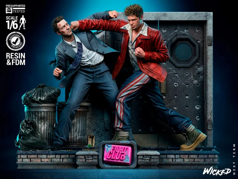 Fight Club diorama with two fighters, industrial wall, trash cans, and neon sign