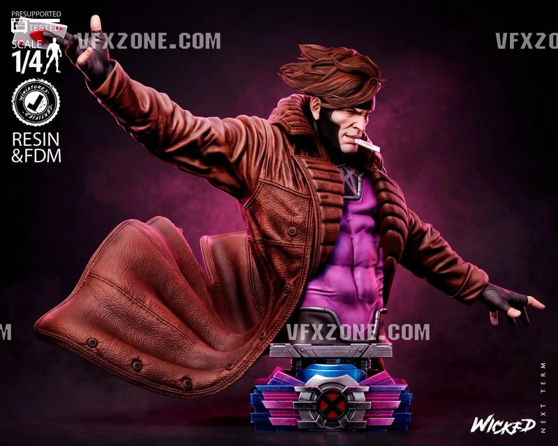 Gambit Marvel X-Men character bust with trench coat, swept hair, cigar, and display base