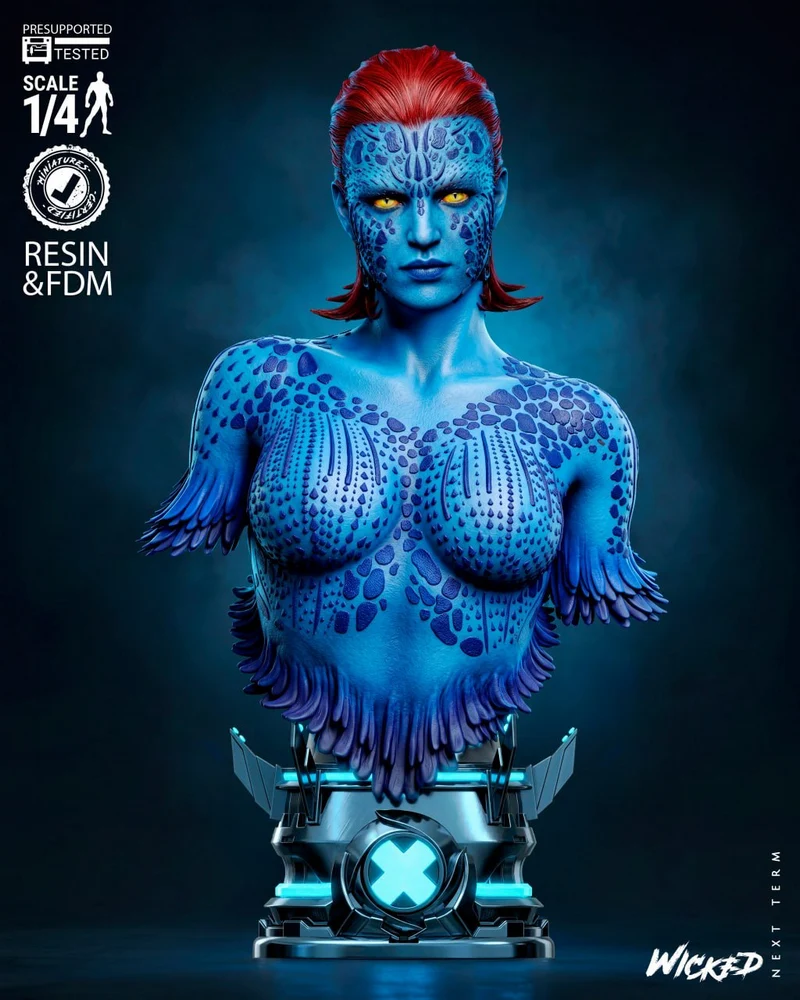 Mystique Marvel portrait bust with blue skin, red hair and an X-emblem base