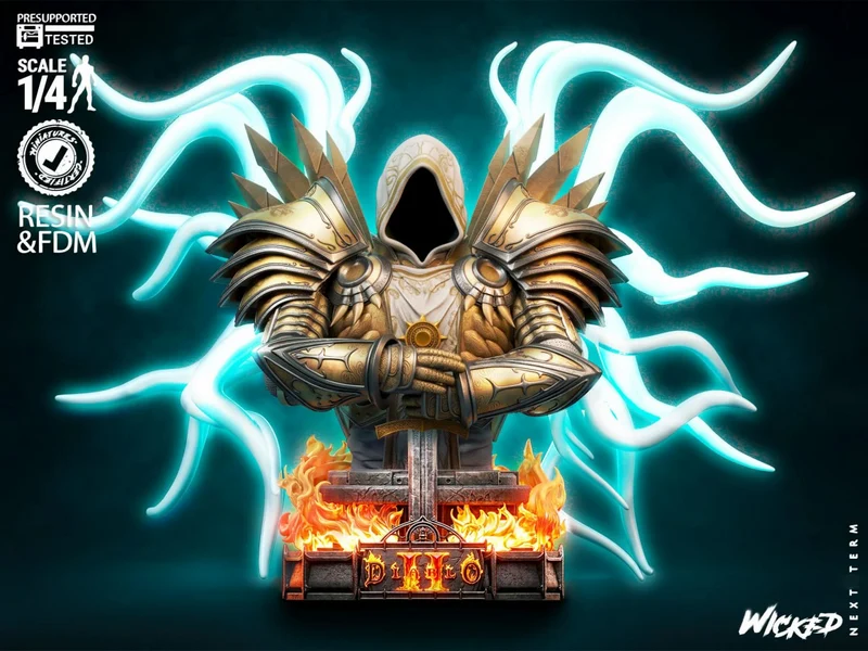 Tyrael Diablo bust with ornate armor, hood, sword, glowing wings, flames, and a Diablo display base