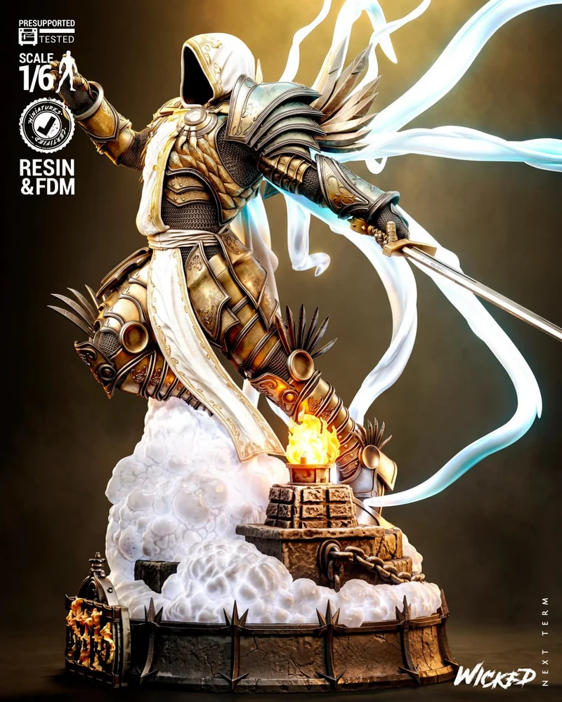 Tyrael Diablo sculpture with ornate armor, wings, sword, clouds, and flame pedestal