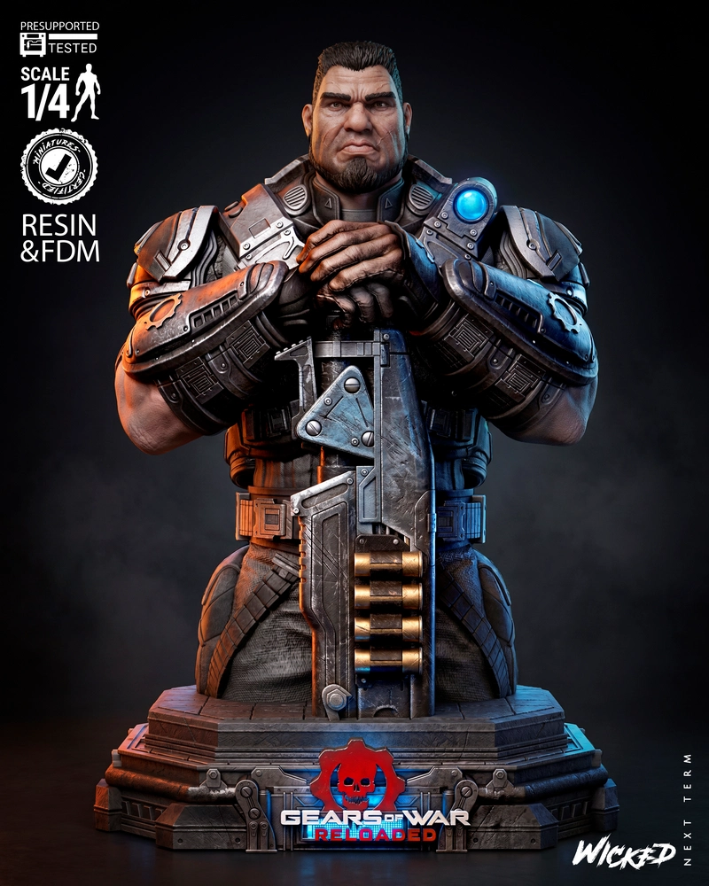 Dominic Santiago armored bust from Gears of War on a detailed pedestal