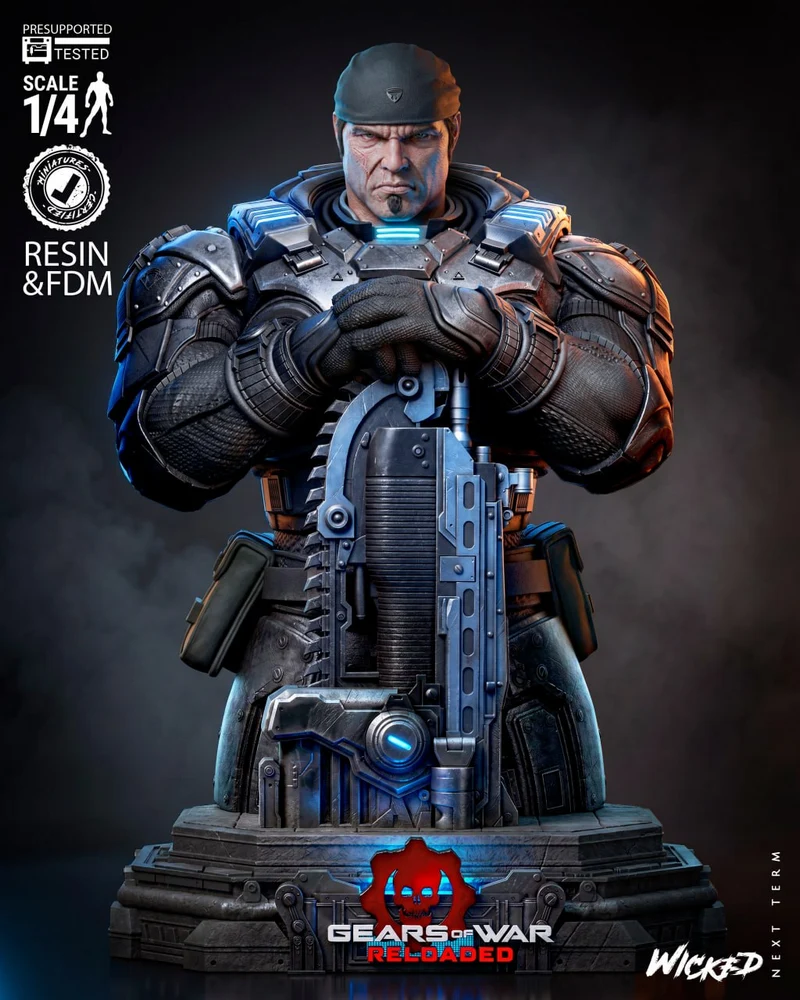 Marcus Fenix Gears of War armored bust with crossed hands and weapon on a display base
