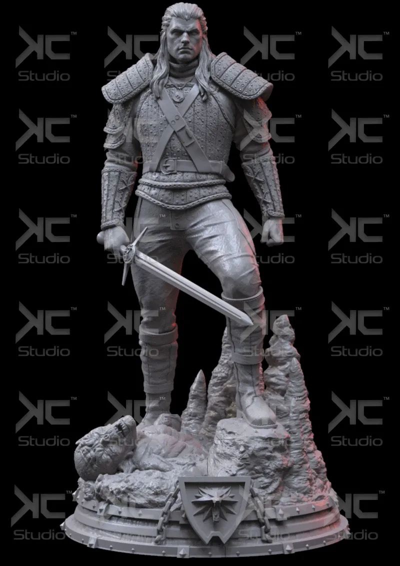 White-haired armored Witcher-inspired swordsman statue on a rocky base