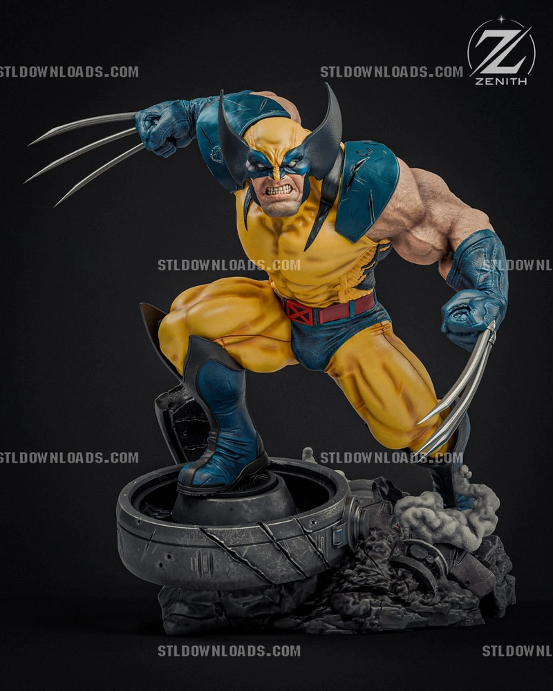 Wolverine crouching with extended claws on a mechanical display base