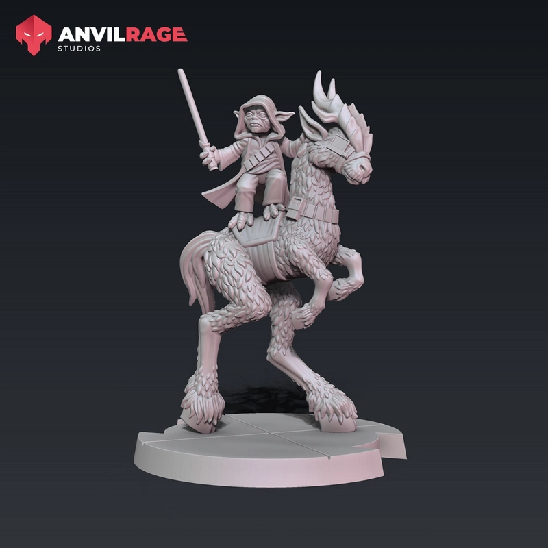 Yoda riding a feathered Kybuck with a raised lightsaber on a display base