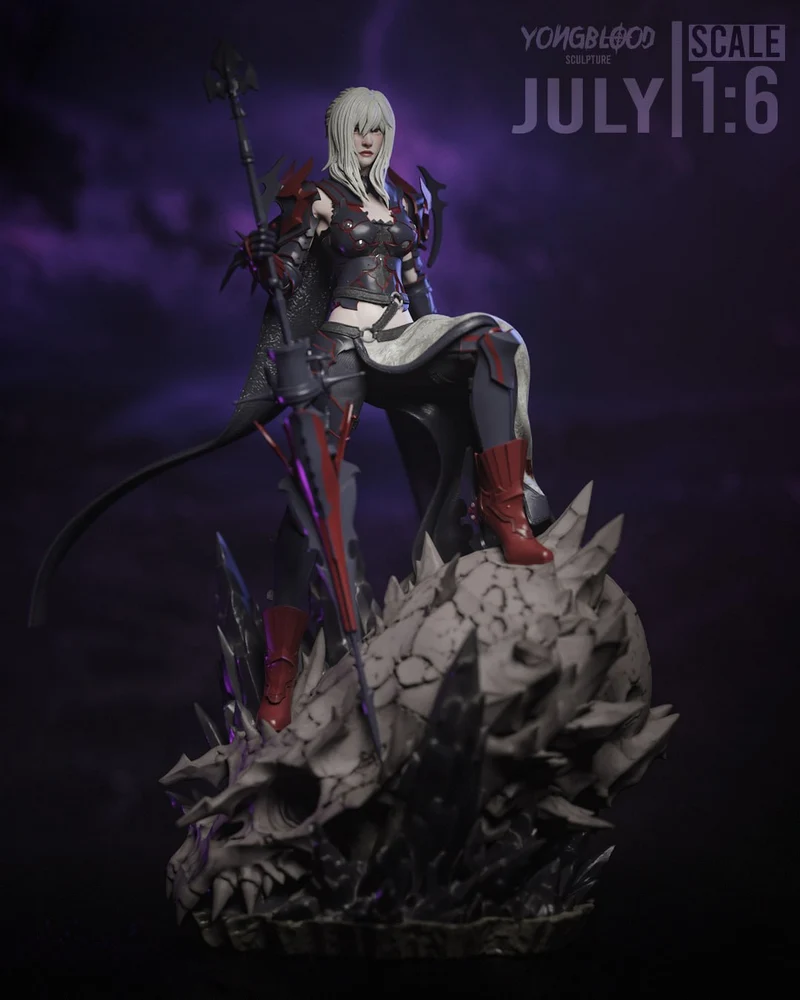 Aranea Highwind armored statue with spear standing on a spiked creature