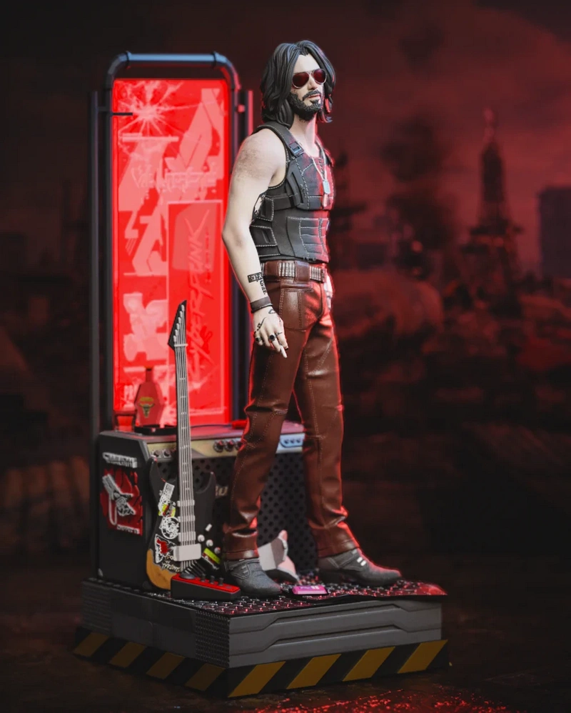 Johnny Silverhand Cyberpunk 2077 statue with guitar on a futuristic display base