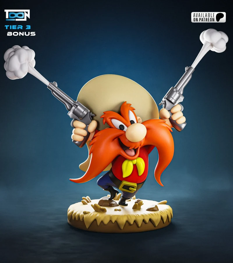 Yosemite Sam Looney Tunes 3D model holding smoking pistols on a display base