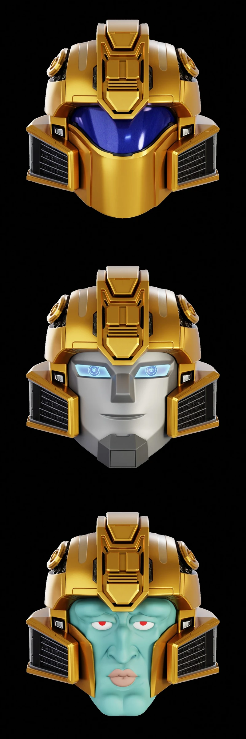 Gold Bumblebee-inspired helmet with three robotic face variations