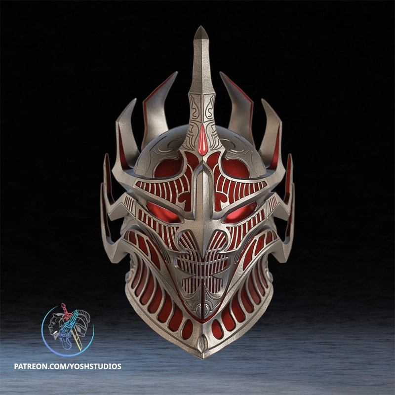 Ornate Daedric helmet with horns, red insets, and a pointed crown