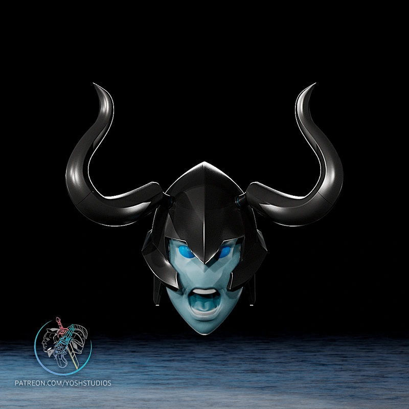 Horned Iron the Shadow character-inspired helmet with blue eye openings