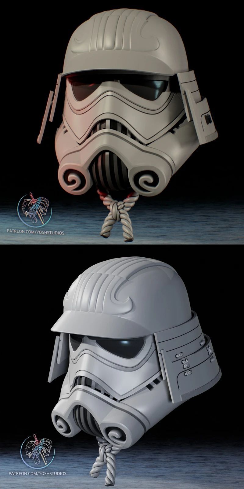 Samurai-styled white Star Wars Stormtrooper helmet with side armor and braided chin detail