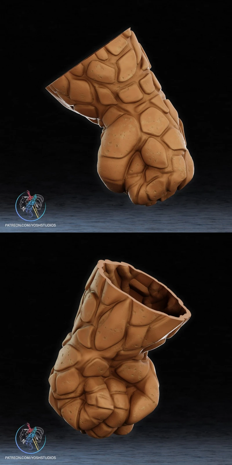 The Thing rocky hands with layered stone texture and clenched fingers