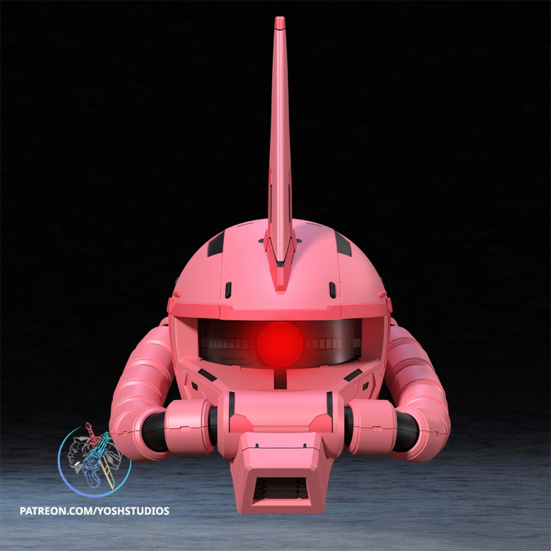 Pink Zaku II Gundam helmet with central fin, mono-eye visor, and side tubes