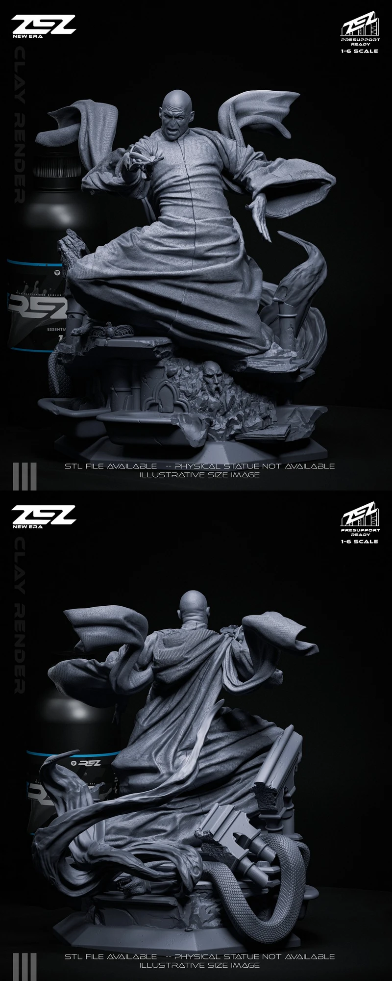 Lord Voldemort Harry Potter statue in flowing robes on an ornate display base