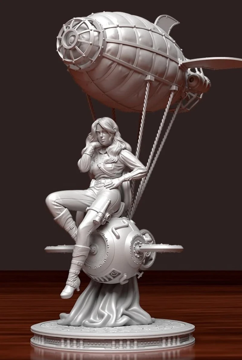 Zeppelin airship drone with seated female pilot and mechanical display base