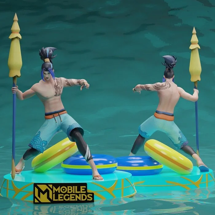 Zilong from Mobile Legends holding a spear in a dynamic character pose