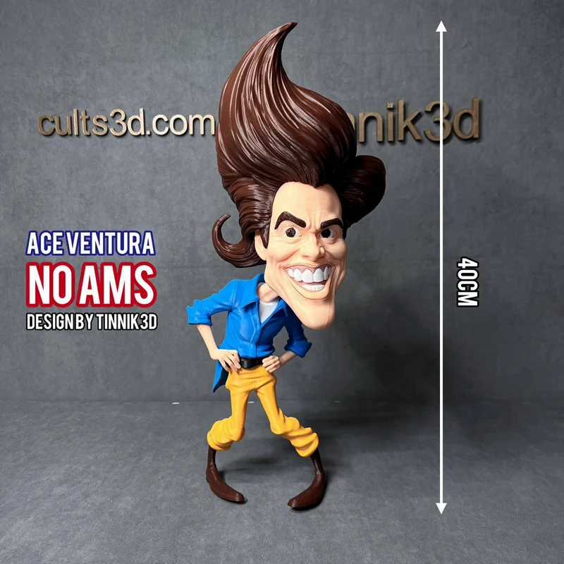 Ace Ventura caricature figurine with tall hair, blue jacket, yellow trousers, and wide grin