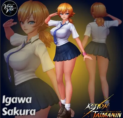 Sakura from Action Taimanin in a school uniform, posed as a 3D character figure