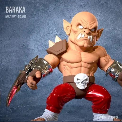 Baraka Mortal Kombat character statue with arm blades and red trousers