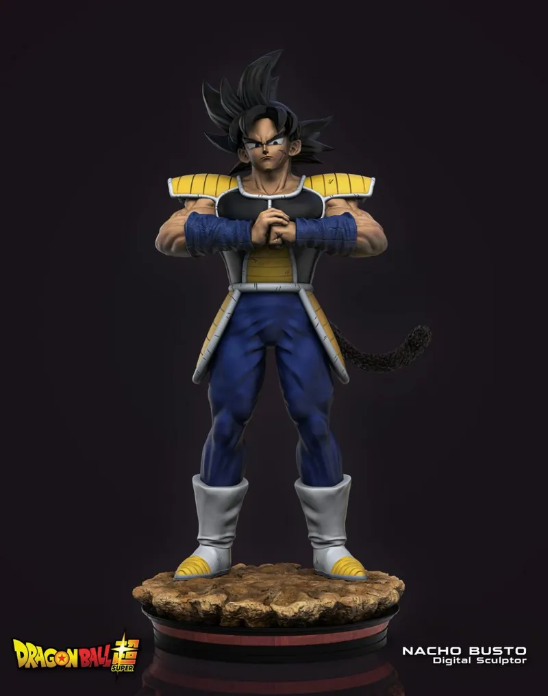 Bardock from Dragon Ball in Saiyan armor standing on a rocky statue base