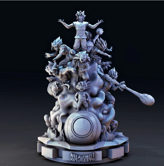 Dragon Ball diorama with Base Goku, multiple figures, sculpted clouds, and a round pedestal