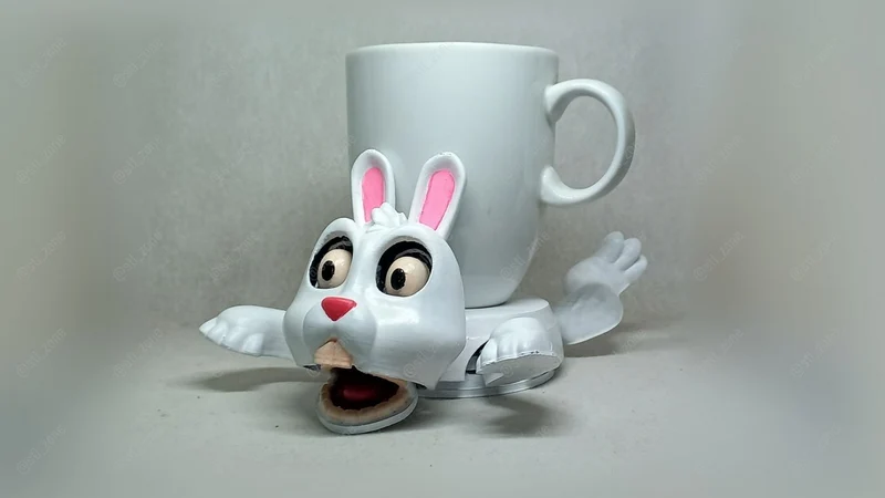 White bunny-shaped cup holder with a cup resting on its back