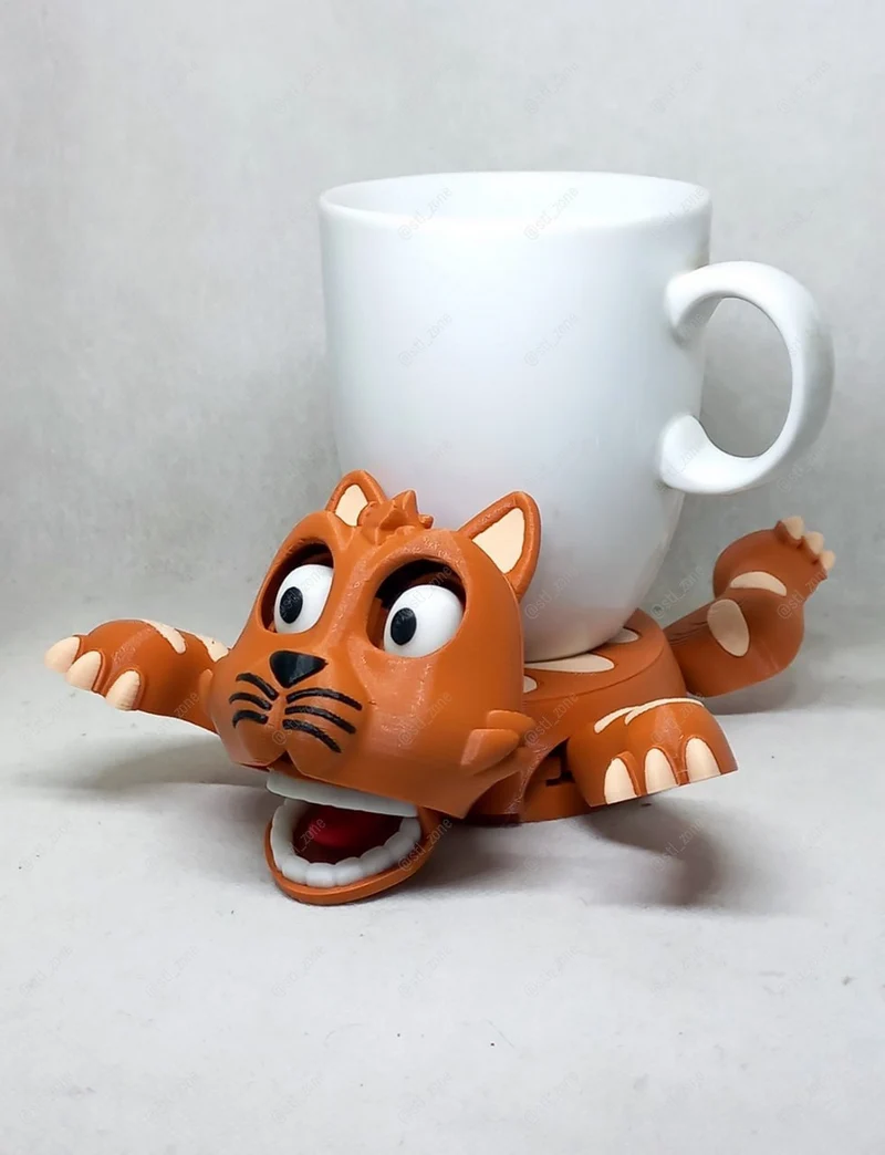 Orange cat-shaped cup holder 3D model with spread paws and curled tail