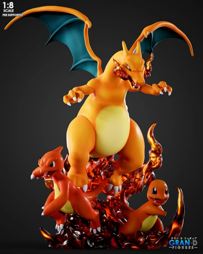 Pokémon Charmander evolution statue with Charmander, Charmeleon and Charizard on a fiery base