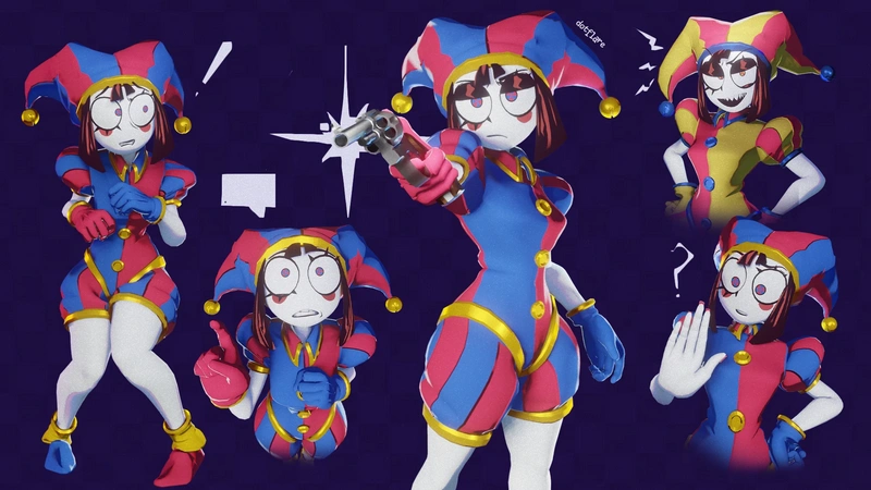 Pomni from The Amazing Digital Circus in a colorful jester costume