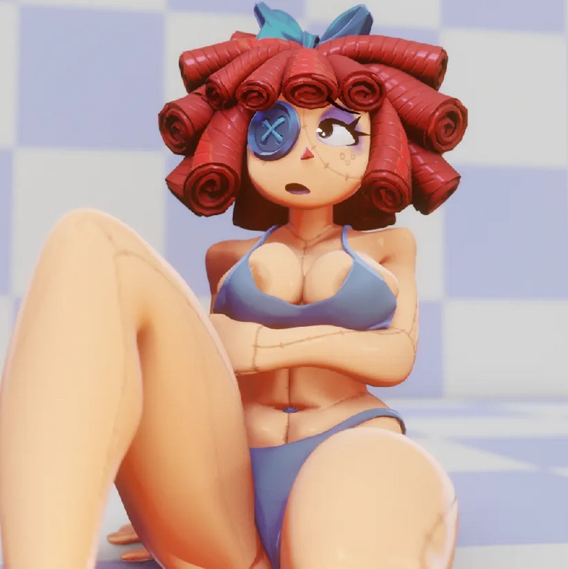 Ragatha 3D character figure with red spiral curls and blue outfit