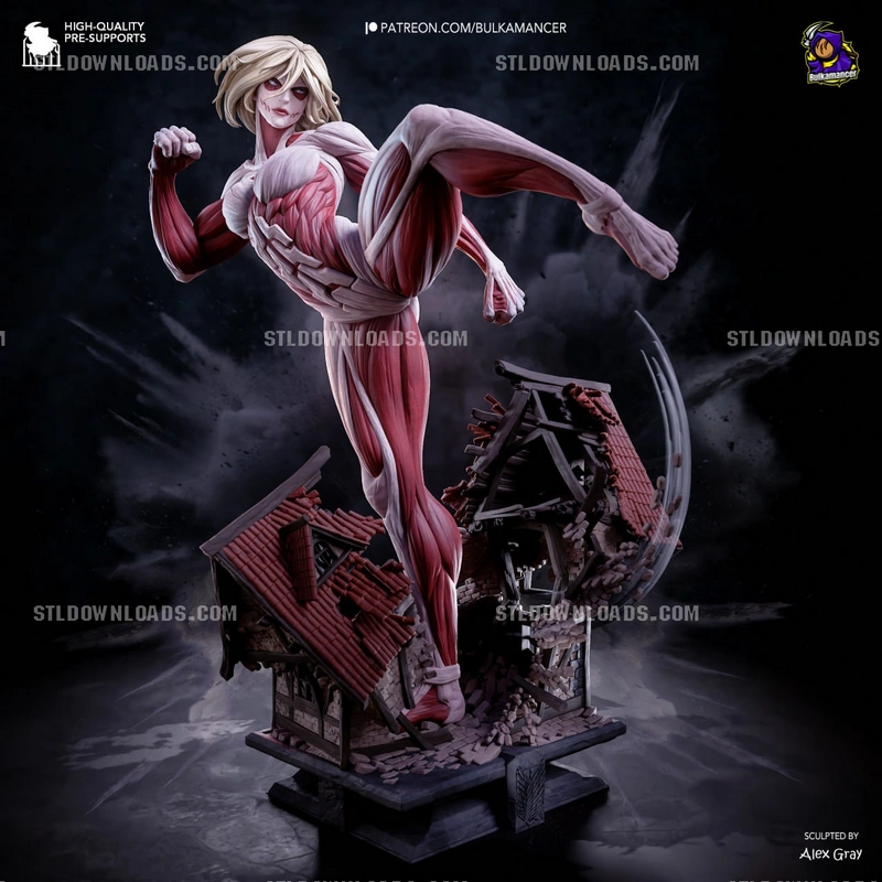 Female Titan from Attack on Titan posed in a dynamic kick above ruined buildings