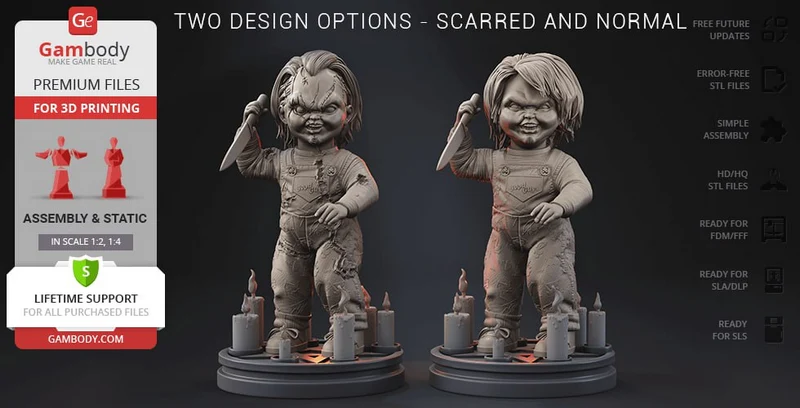 Chucky Child's Play figure in scarred and normal versions with knives, candles, and round display bases