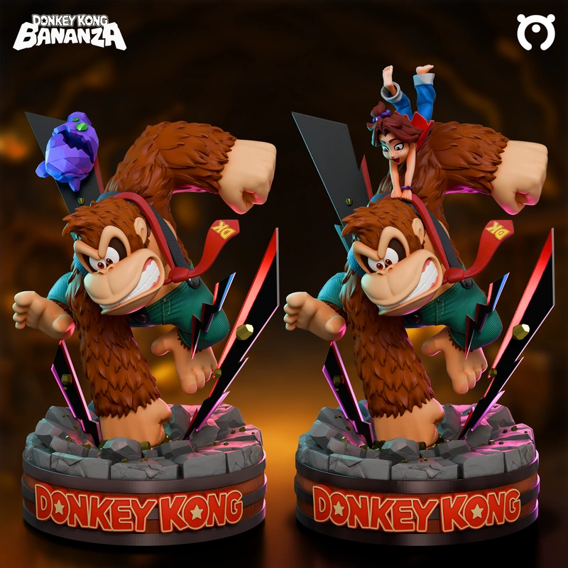 Donkey Kong and Diddy Kong statue on a rocky base with neon shards