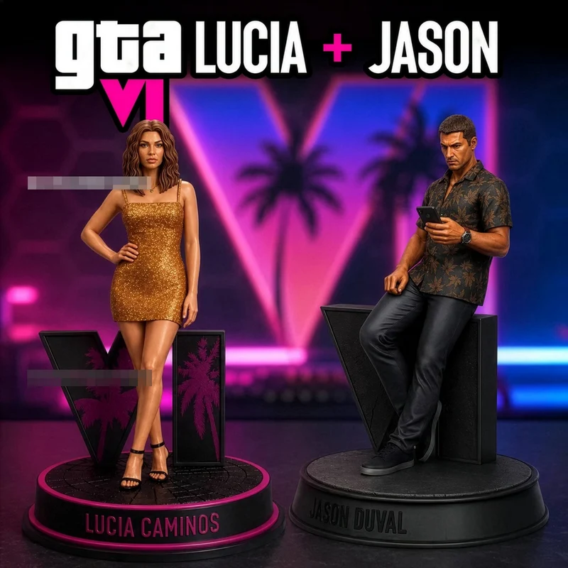 Lucia Caminos and Jason Duval GTA VI 3D model figures on display bases