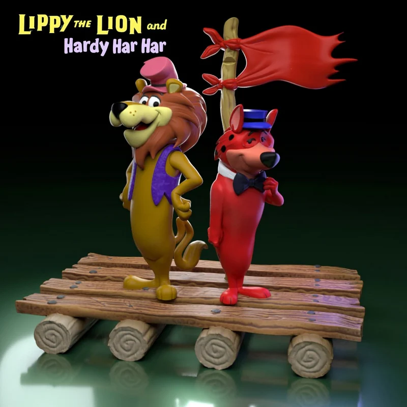 Two colorful anthropomorphic animal characters standing on a wooden platform beneath a red flag