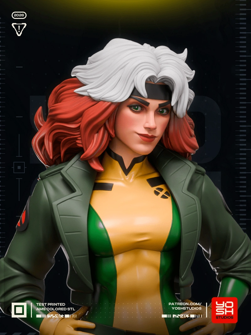 Rogue Marvel character bust with white forelock, auburn hair, and green-yellow costume