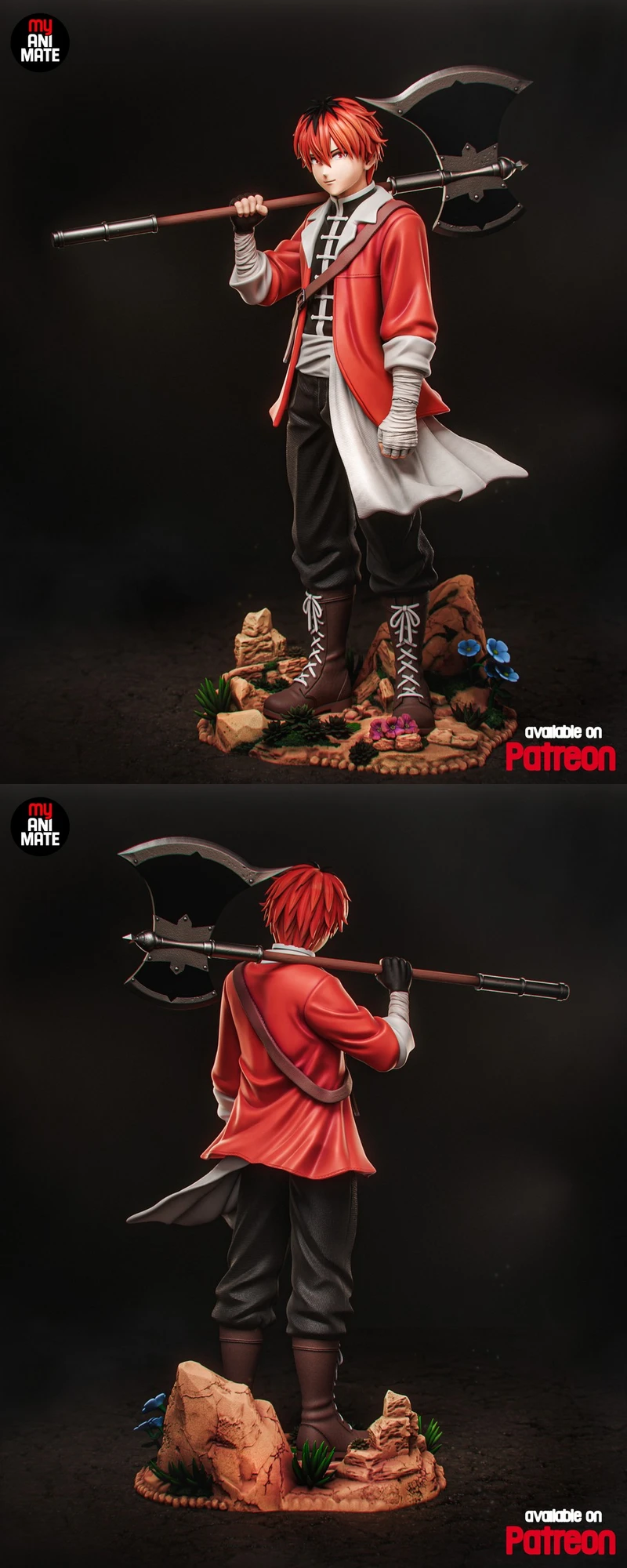 Red-haired anime-style warrior statue in a red coat holding a large double-headed axe