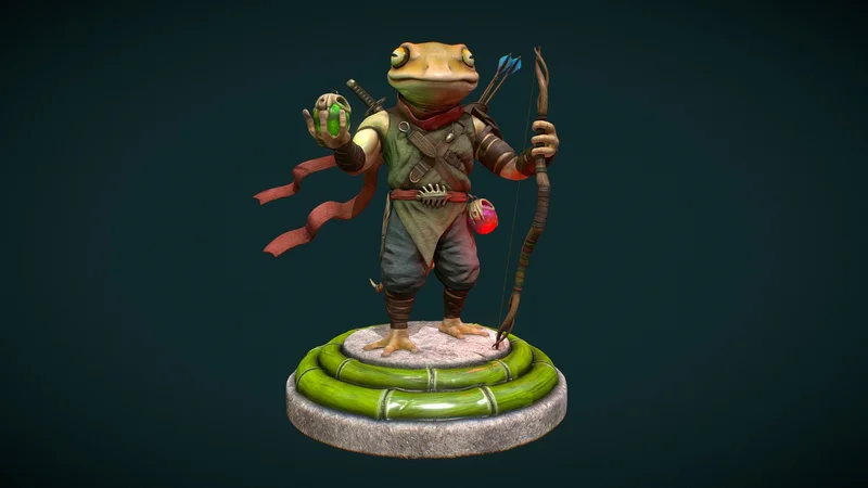 Ninja Toad Super Mario character statue with bow on a round green base