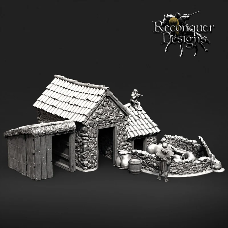 Detailed medieval stone house diorama with tiled roofs, figures, sacks, barrel, and wooden lean-to