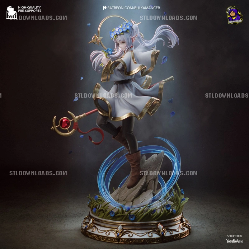 Fantasy woman figurine with silver hair, staff, flowers, and ornate circular base